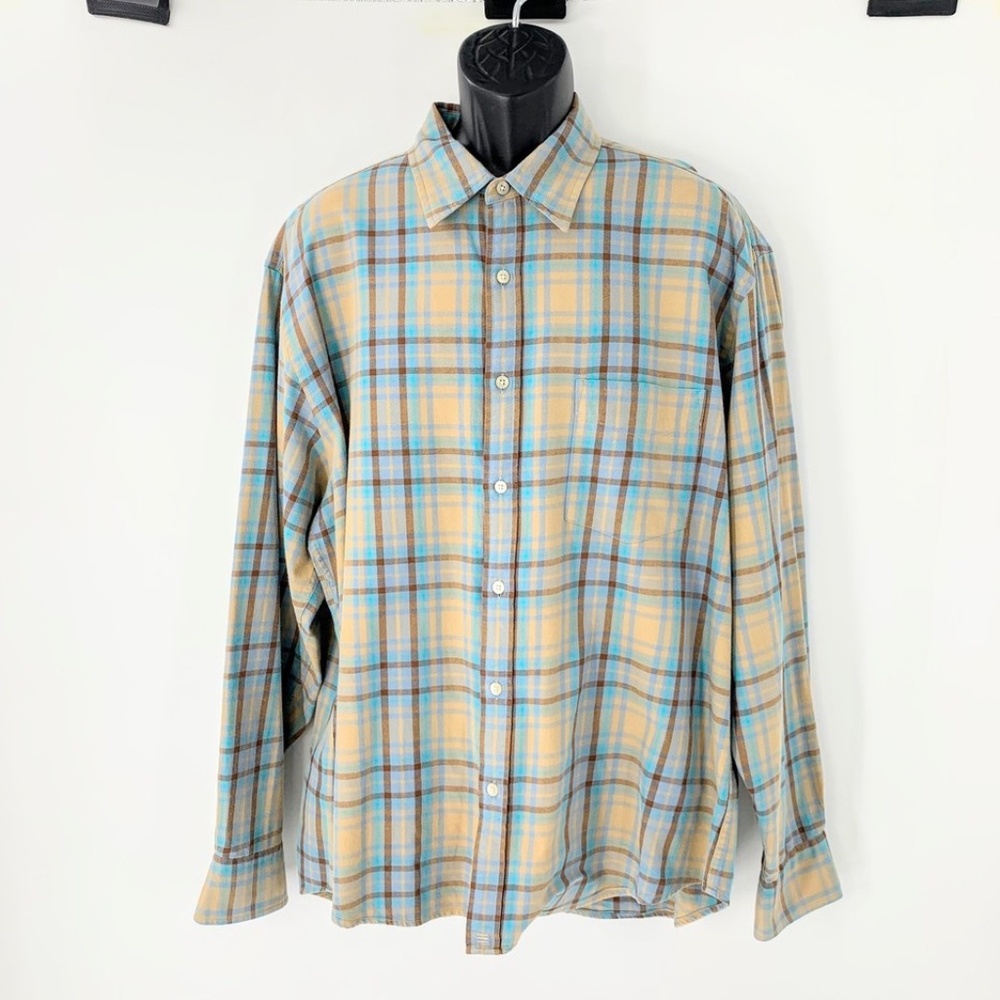 J Crew Men Shirt Button Down Blue Brown Plaid Casual Long Sleeve Sz XL